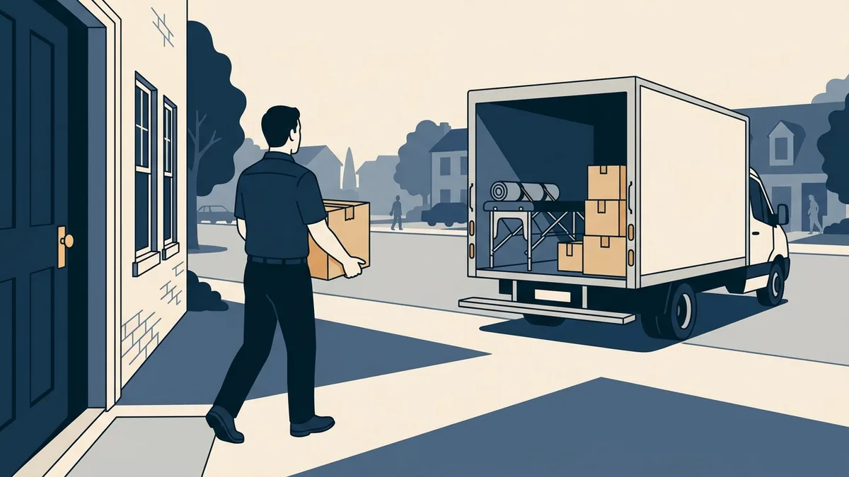 A physical therapist carries a moving box toward a truck loaded with a folded treatment table and exercise mat.