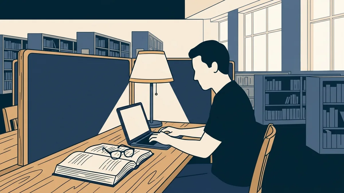 A physical therapist completes an assessment on a laptop in a library carrel next to an open practice act.