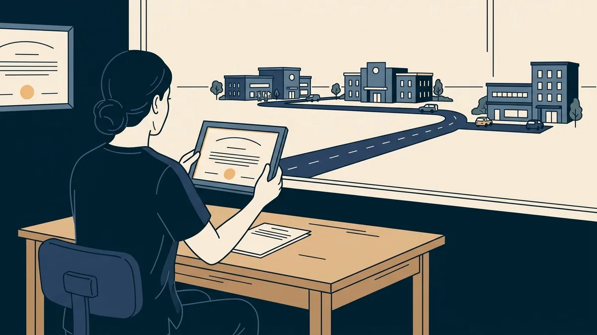 A physical therapist holds a blank framed license while looking out at distant clinic buildings the road does not reach.