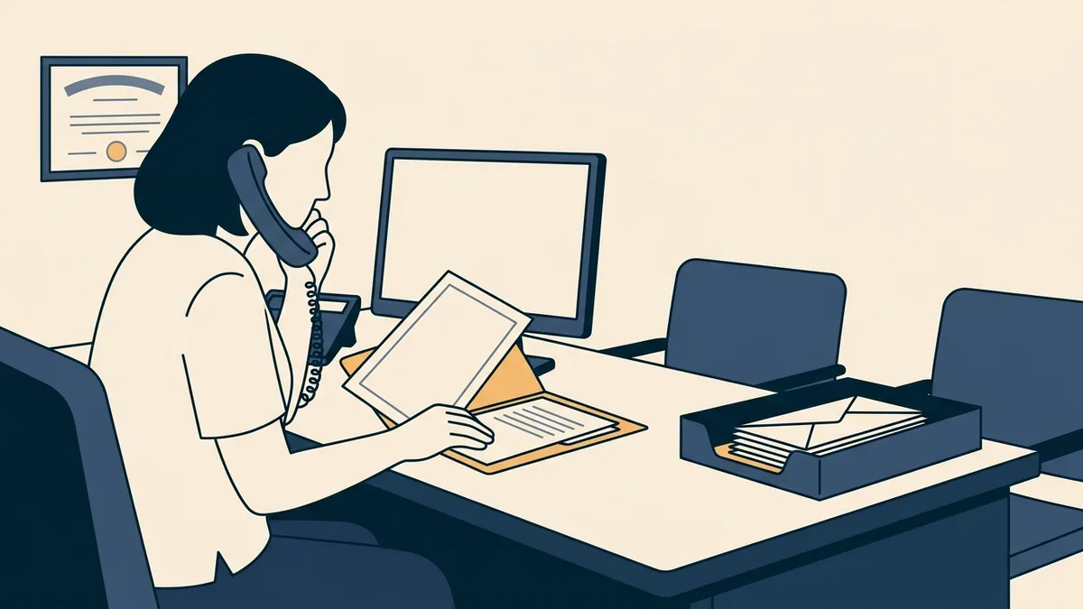 A physical therapist on the phone reviews an application file with an empty document sleeve.