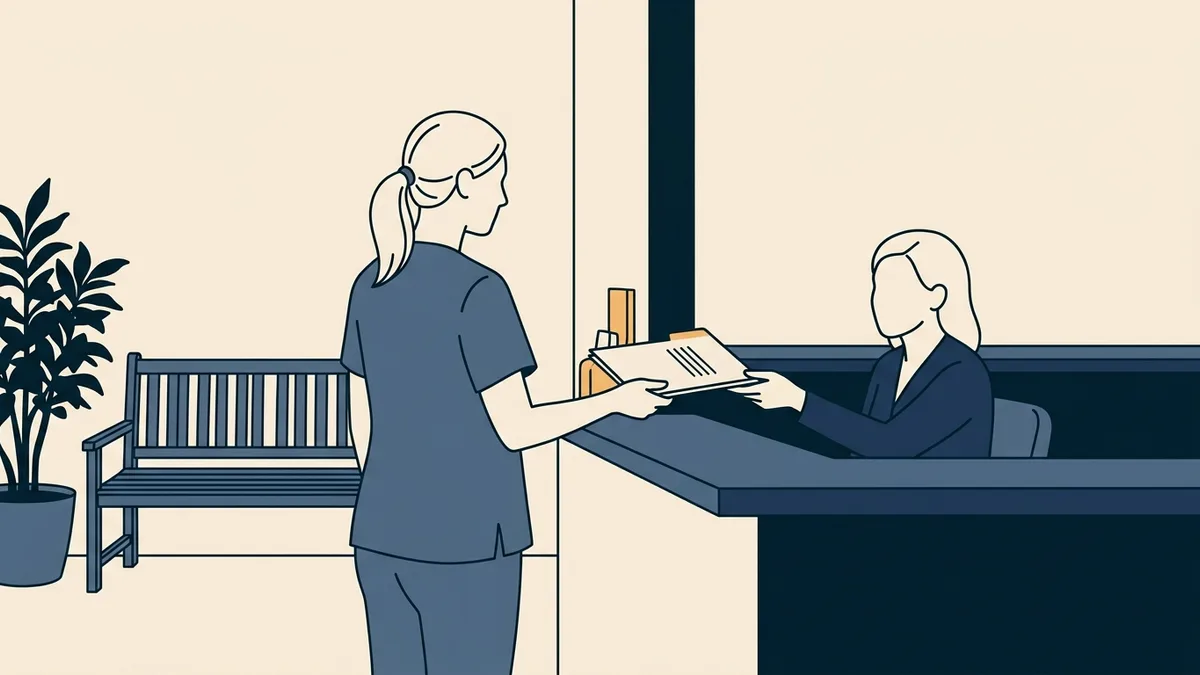 A physical therapist hands an application folder to a clerk at a licensing board counter.