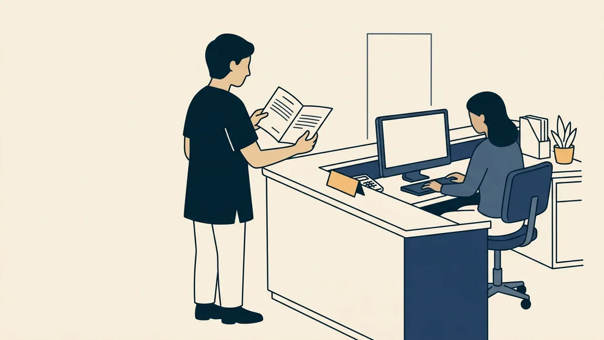 A physical therapist holds a renewal notice at a clinic front desk while a receptionist reschedules patients.