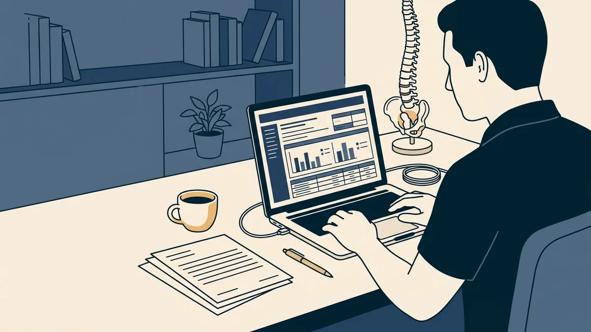 A physical therapist reviews an exam score report on a laptop at a home office desk.