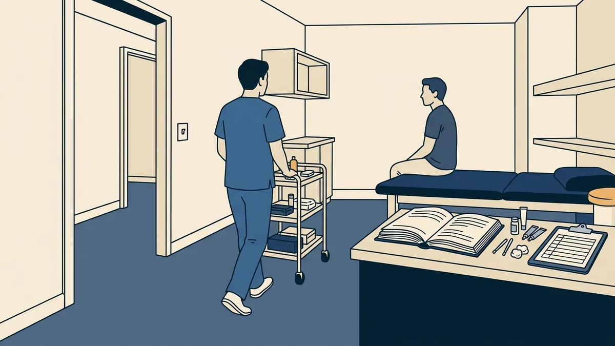 A physical therapist enters a treatment room where a patient waits beside an open rulebook and treatment supplies.