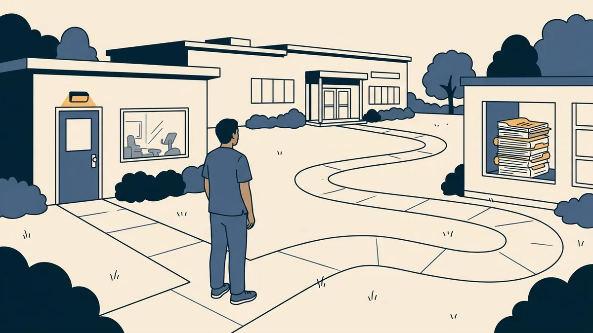 A physical therapist stands where a short walkway and a longer one past a licensing board both lead to the same clinic.