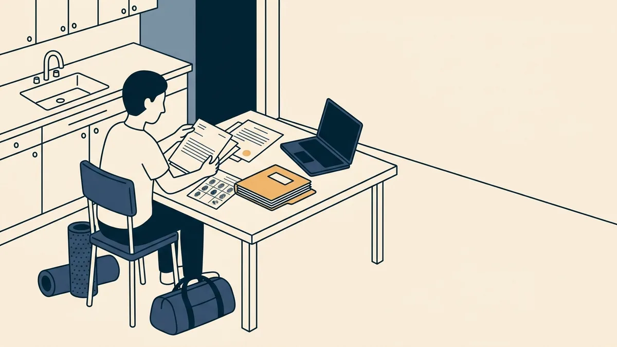 A physical therapist organizes transcripts and a thick application folder at a kitchen table.