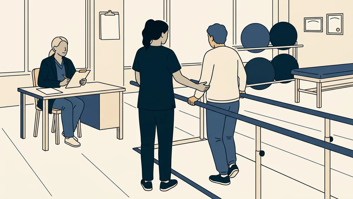 A physical therapist assistant guides a patient between parallel bars while a supervising therapist watches.