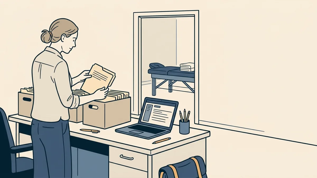 A physical therapist sorts patient charts into file boxes at an office desk beside an open laptop.