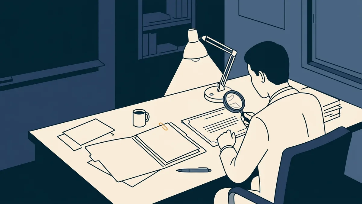 A licensing board reviewer examines a license certificate and a folder of older records under a desk lamp.