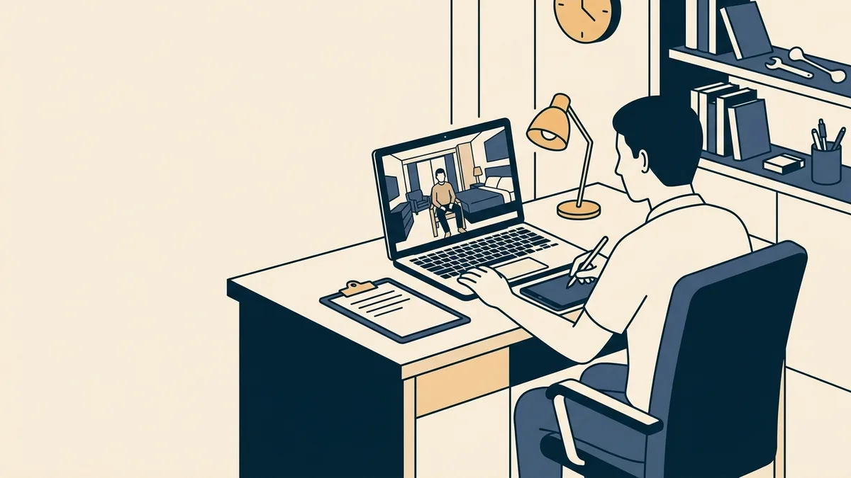 A physical therapist pauses a video session with a patient who is sitting in a hotel room.