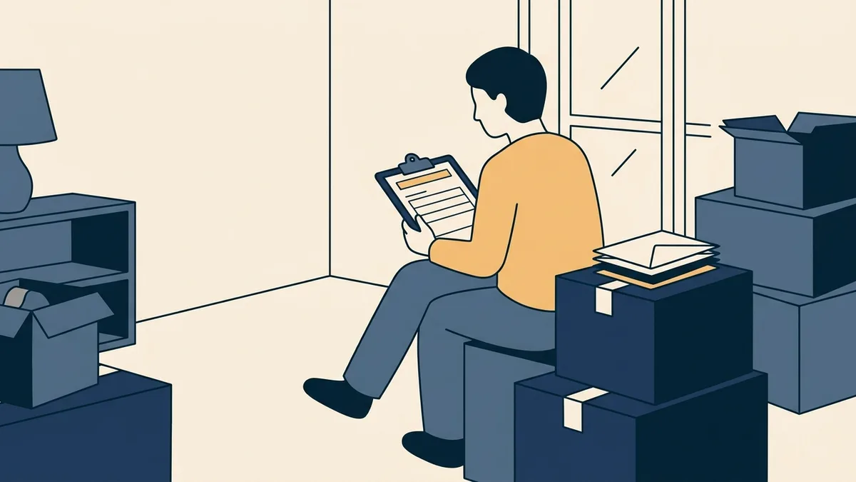 A physical therapist sits on a moving box filling out a form beside a stack of opened envelopes.