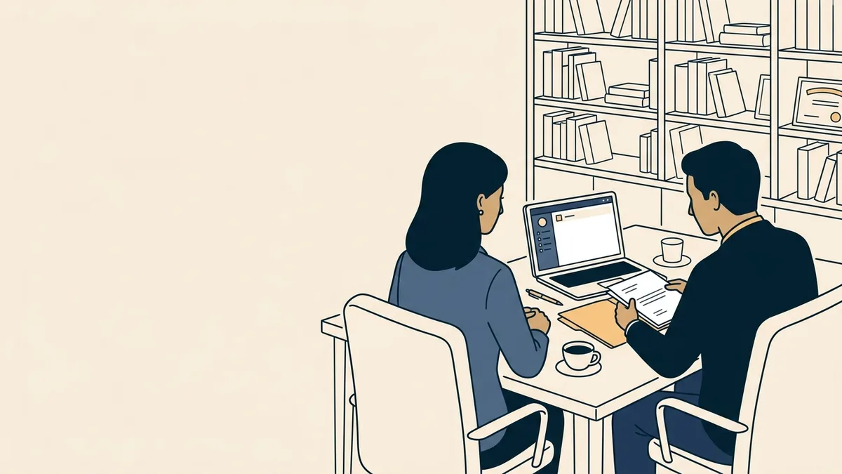 A physical therapy practice owner meets with an accountant over a laptop and business documents.
