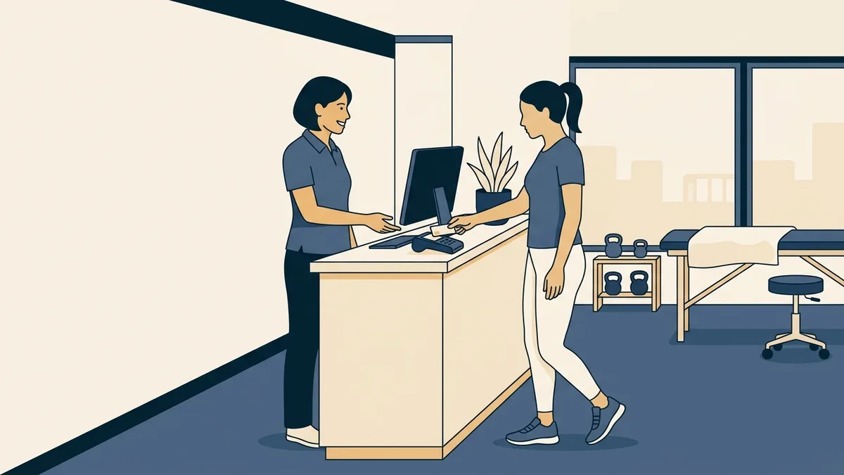 A patient pays with a card reader at the checkout counter of a cash-based physical therapy clinic.