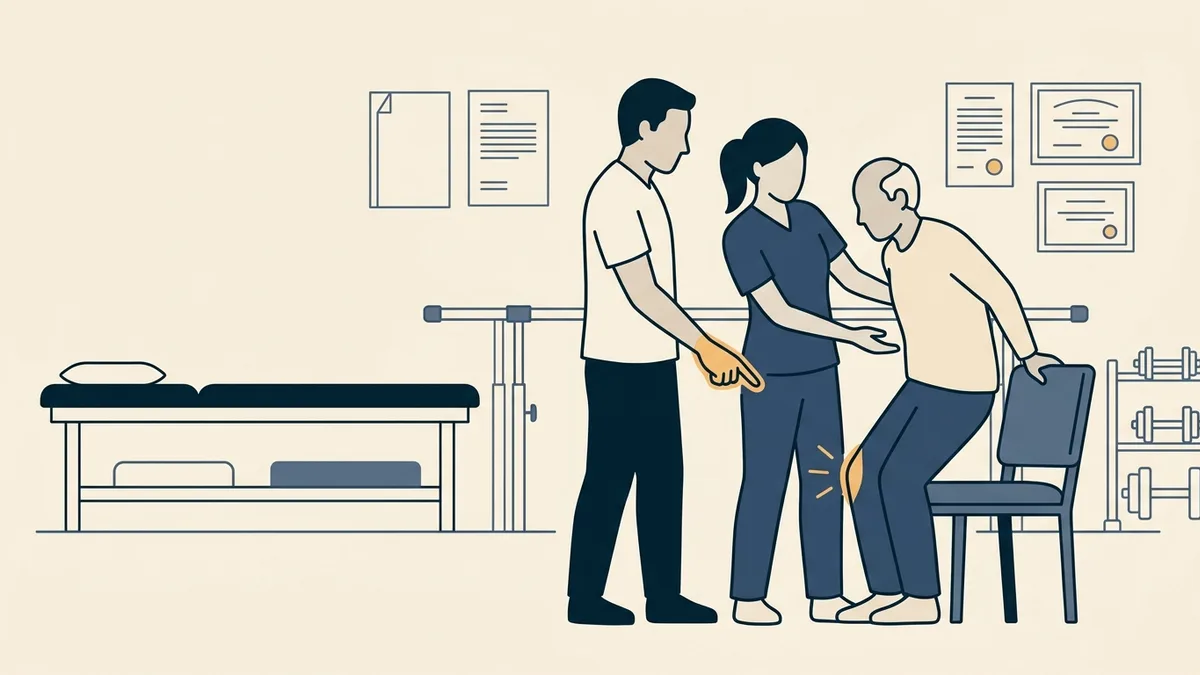 A clinical instructor coaches a physical therapy student helping an older patient stand in a hospital rehab gym.