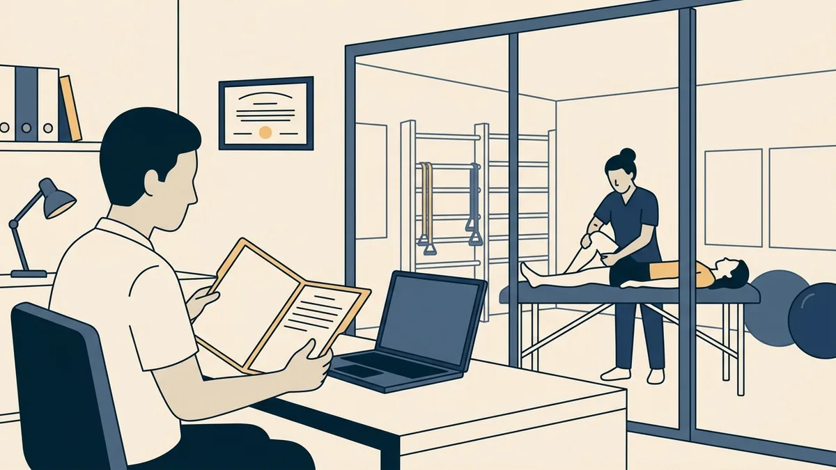 A physical therapist reviews a credentialing folder at a desk while a colleague treats a patient in the gym beyond.