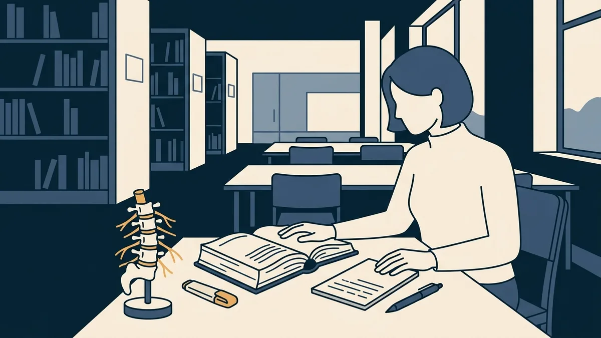 A physical therapist studies a thick law book at a library table beside a spine model.