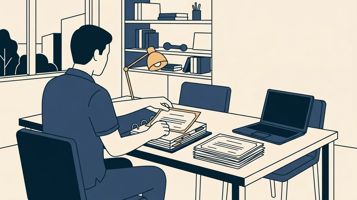 A physical therapist organizes continuing education certificates into a divided binder at a desk.