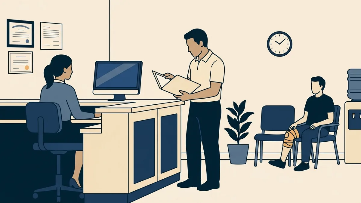 A physical therapist reviews an intake file at the front desk while a patient with a wrapped knee waits.