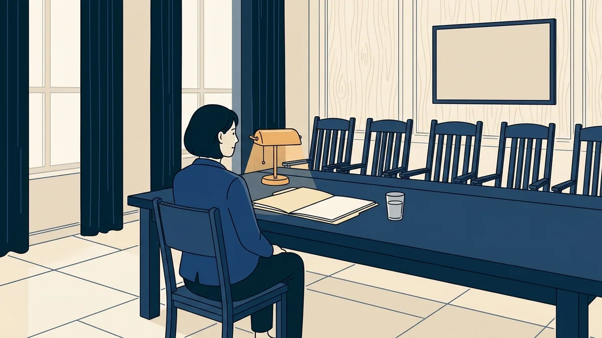 A physical therapist sits alone at a table facing empty board member chairs in a hearing room.