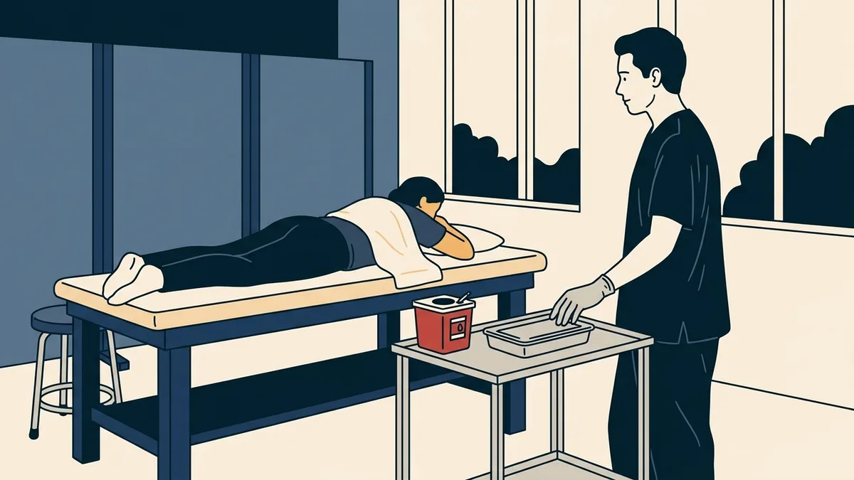 A gloved physical therapist pauses beside a closed dry needling tray while a patient lies face down on a treatment table.