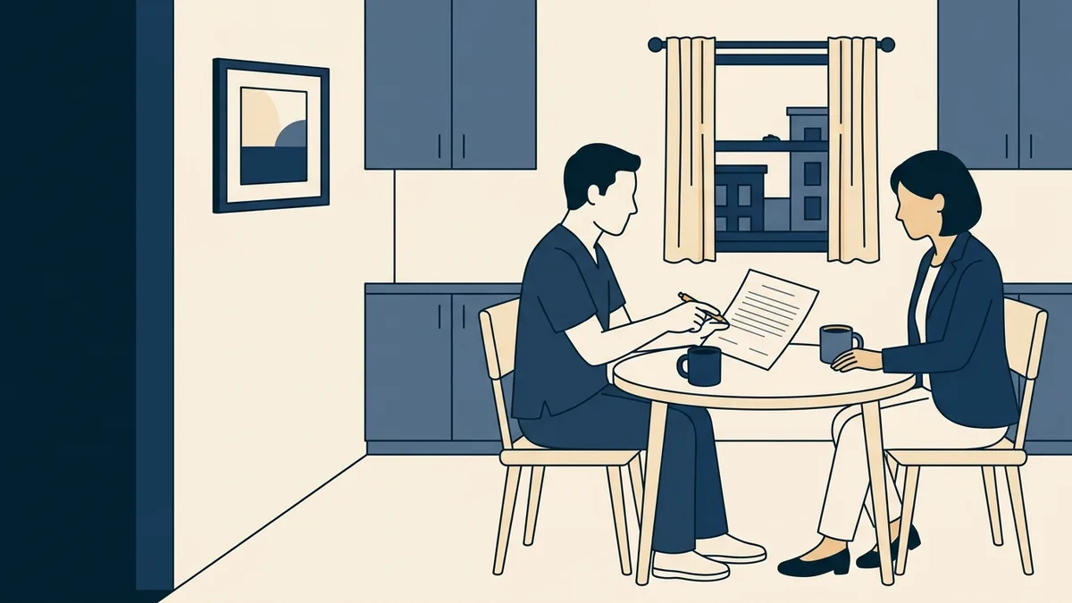 A physical therapist and a clinic manager review an employment agreement together at a break room table.