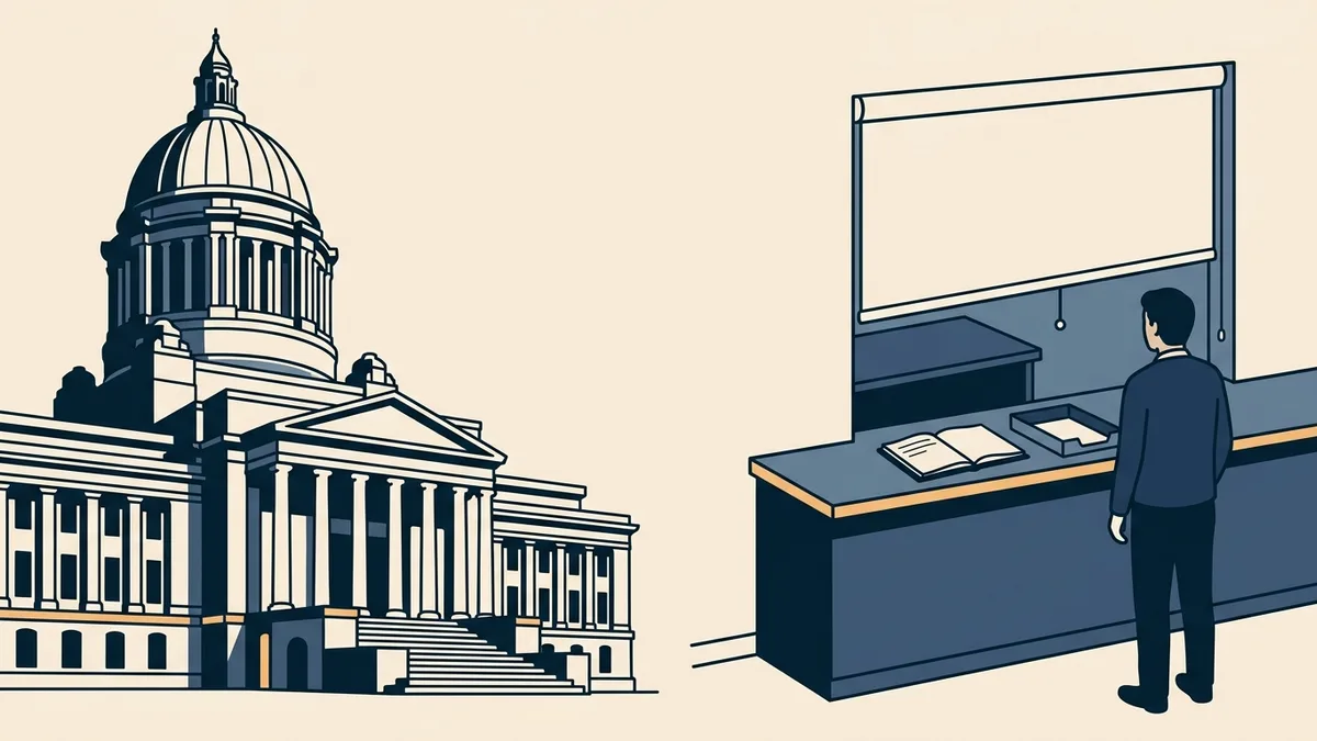 A state capitol building beside a licensing board service counter with its window shade pulled down and a person waiting.