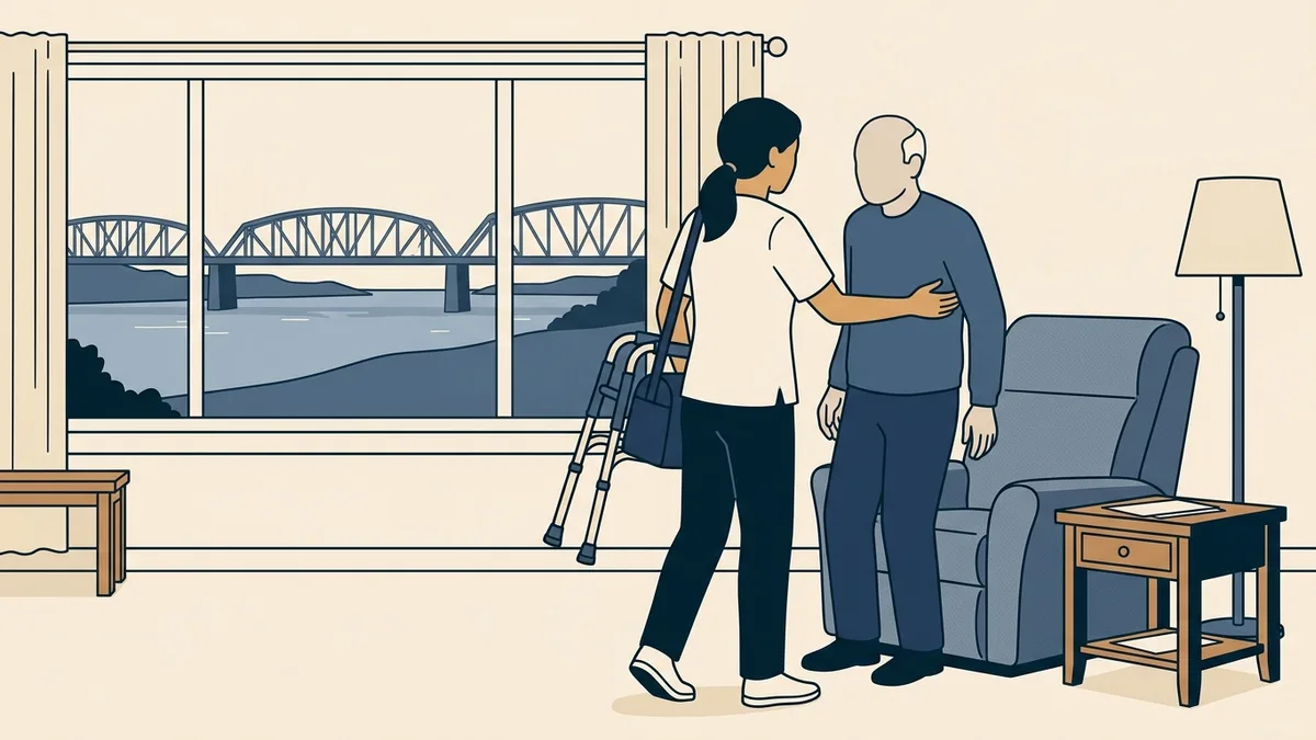 A home health physical therapist helps an older man stand from a recliner in a living room overlooking a river bridge.