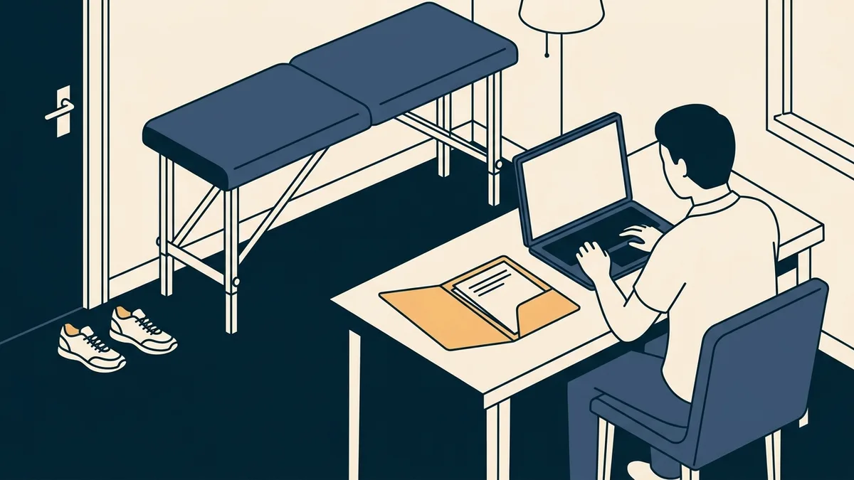 A physical therapist works through an application at a home desk beside a folded treatment table.
