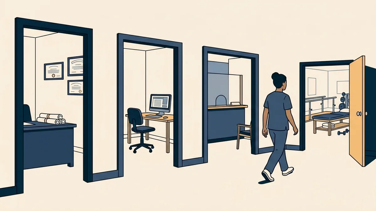 A physical therapist walks a hallway past a records office, testing room and board counter toward an open clinic door.