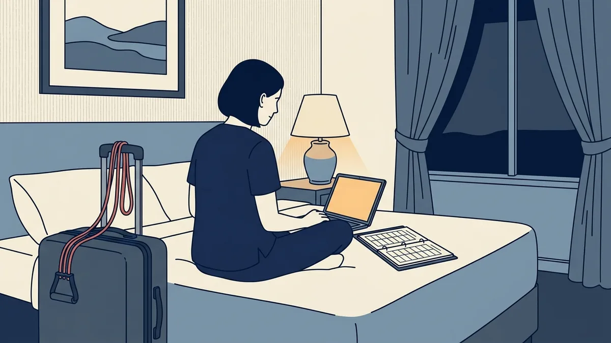 A travel physical therapist weighs a decision at a laptop beside a packed suitcase in a hotel room.