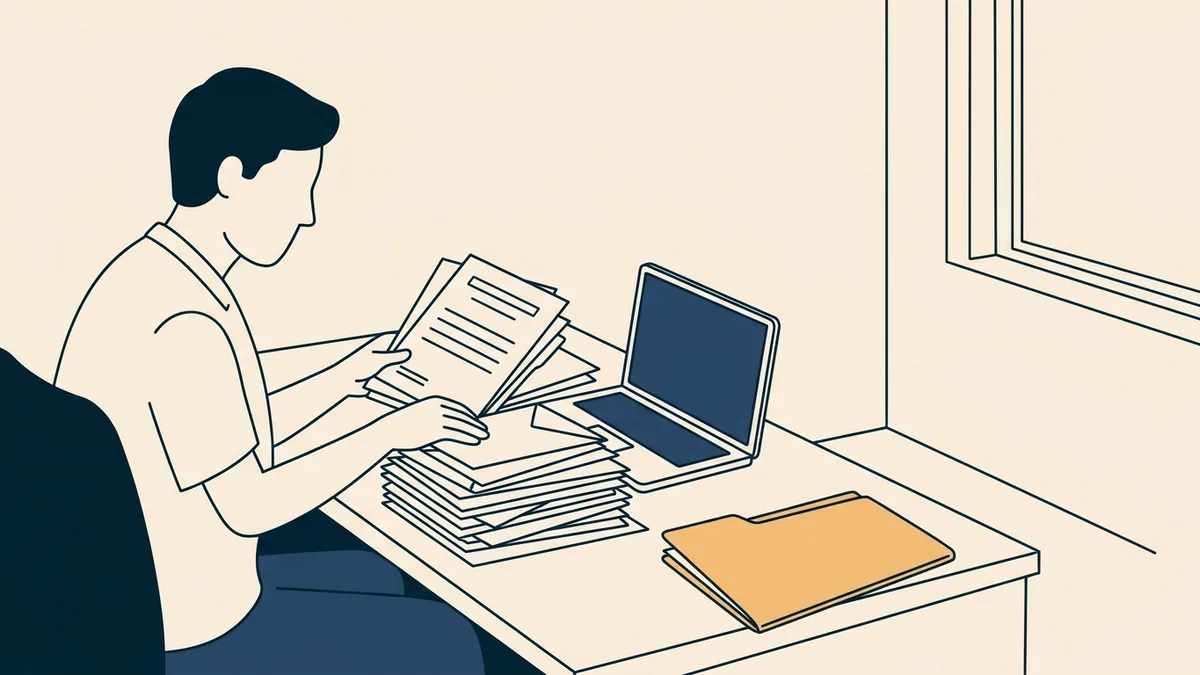 A physical therapist sorts through old license certificates and envelopes beside a laptop.