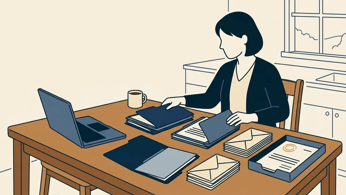 A physical therapist sorts application folders and sealed envelopes at a kitchen table beside a laptop.