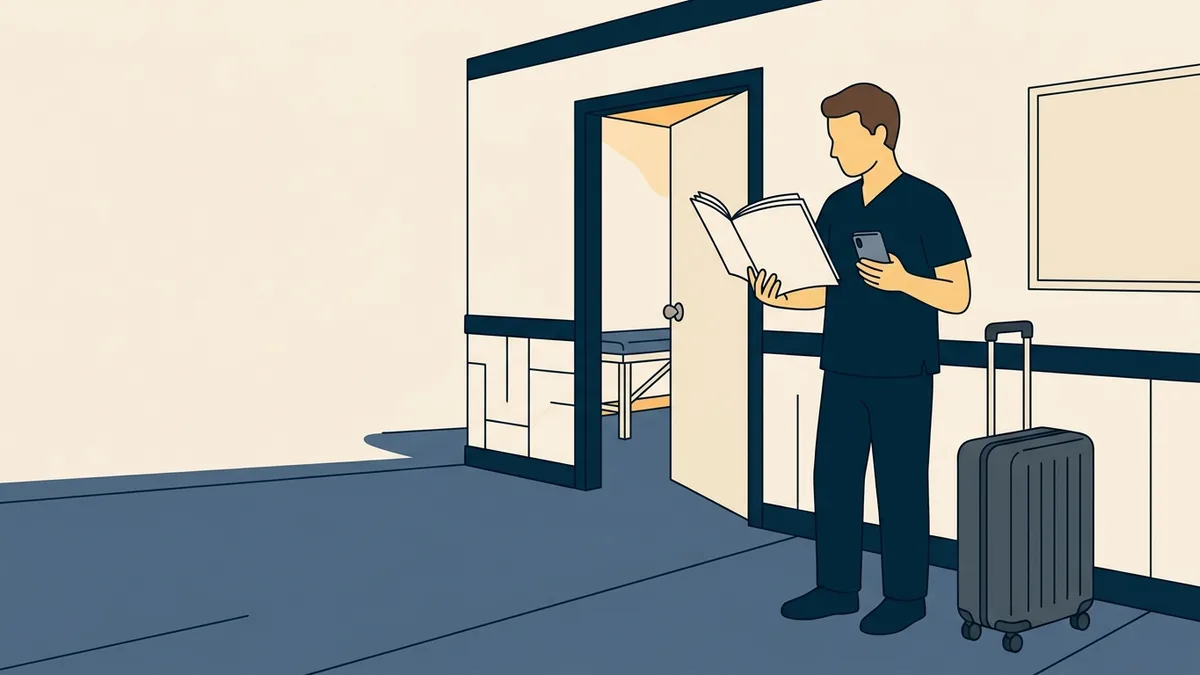 A physical therapist with a suitcase reads an insurance policy booklet in a clinic hallway.