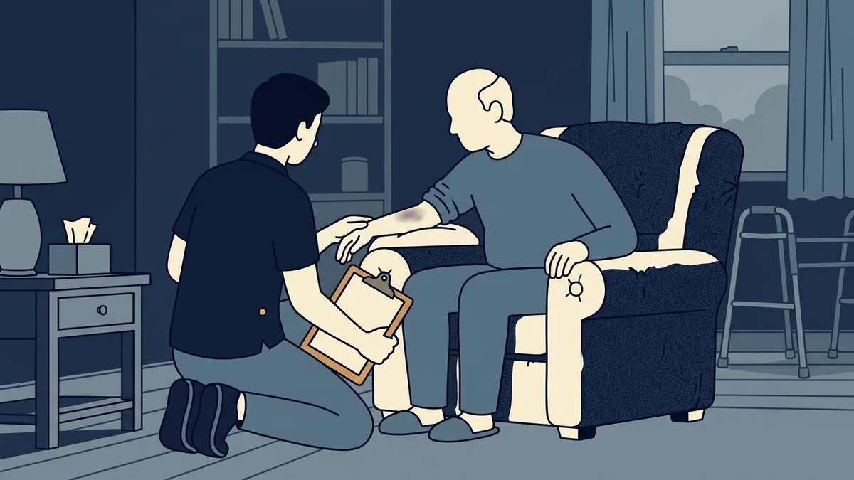 A home health physical therapist notices a bruise on an older patient's arm during a visit.