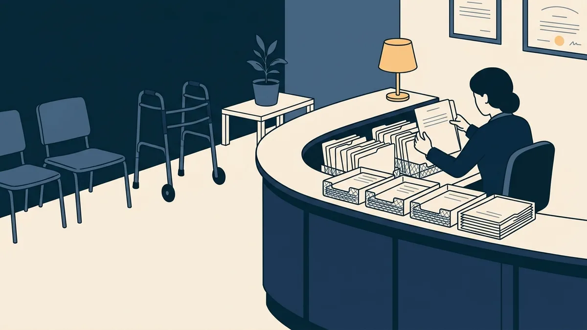 A receptionist sorts several separate stacks of insurance folders at a clinic front desk.