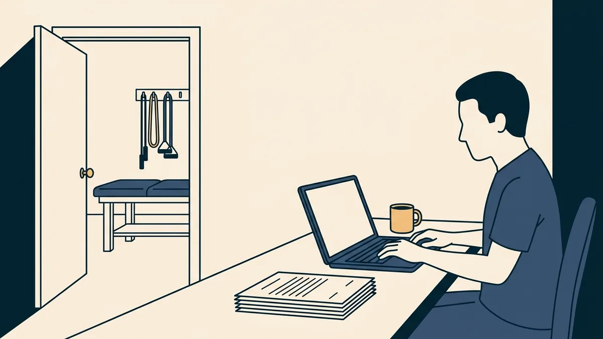 A physical therapist works through enrollment paperwork at a laptop in a small private practice office.