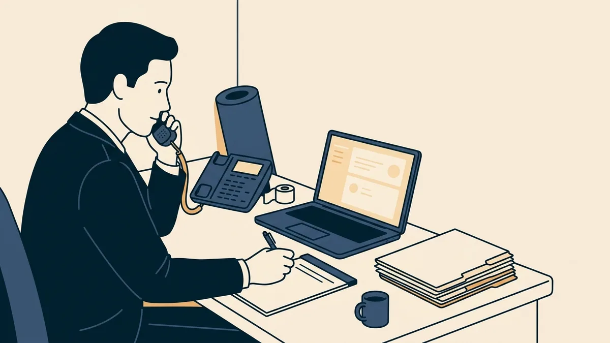 A physical therapist takes notes on a legal pad during a phone call at a clinic desk.
