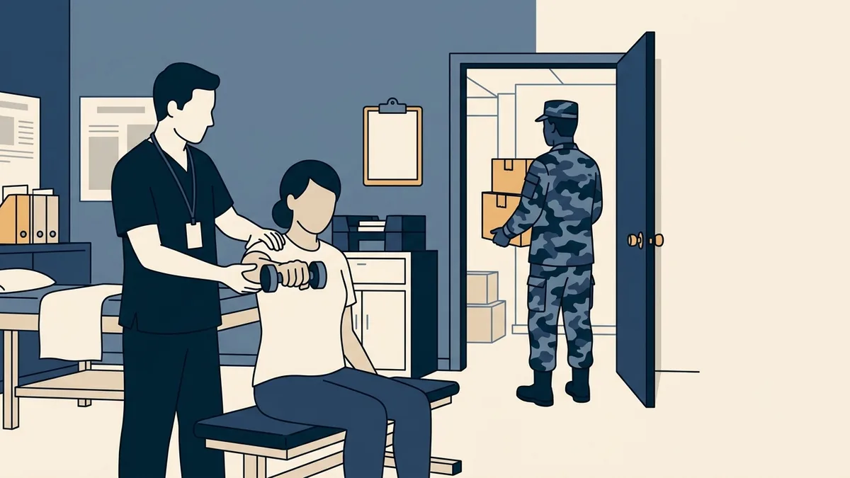 A physical therapist helps a patient with a shoulder exercise as a service member waits in the doorway with moving boxes.