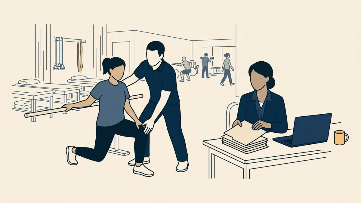 An outpatient physical therapist guides a patient through a lunge while a manager sorts folders at a nearby desk.