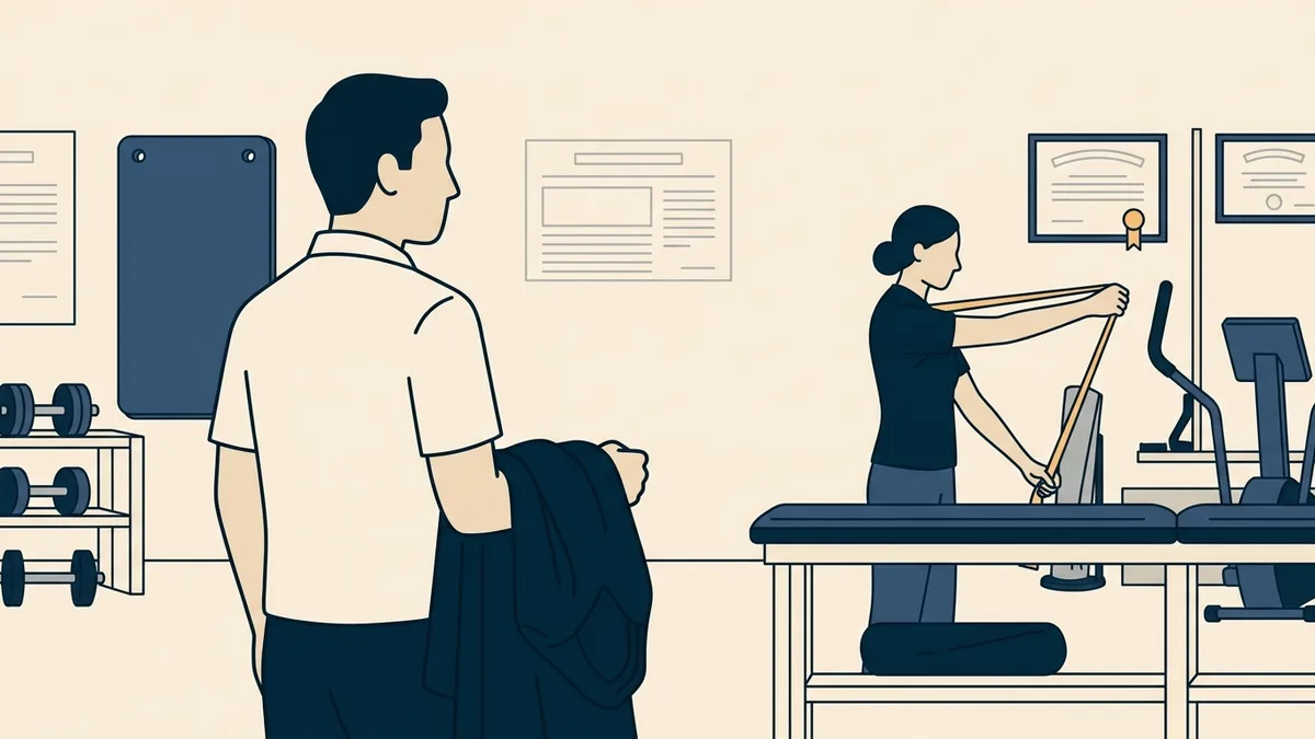 A new physical therapist holding a graduation gown watches a colleague demonstrate a shoulder exercise in a clinic gym.
