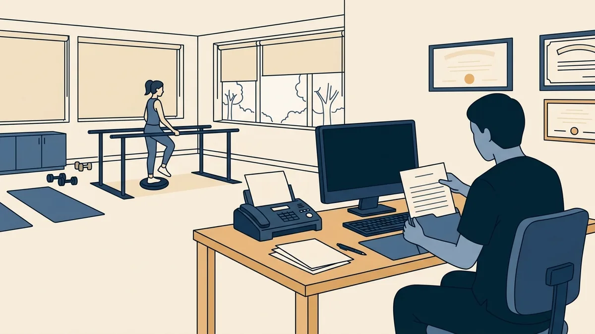 A physical therapist files a printed plan of care at a workstation while a patient does a balance exercise behind her.