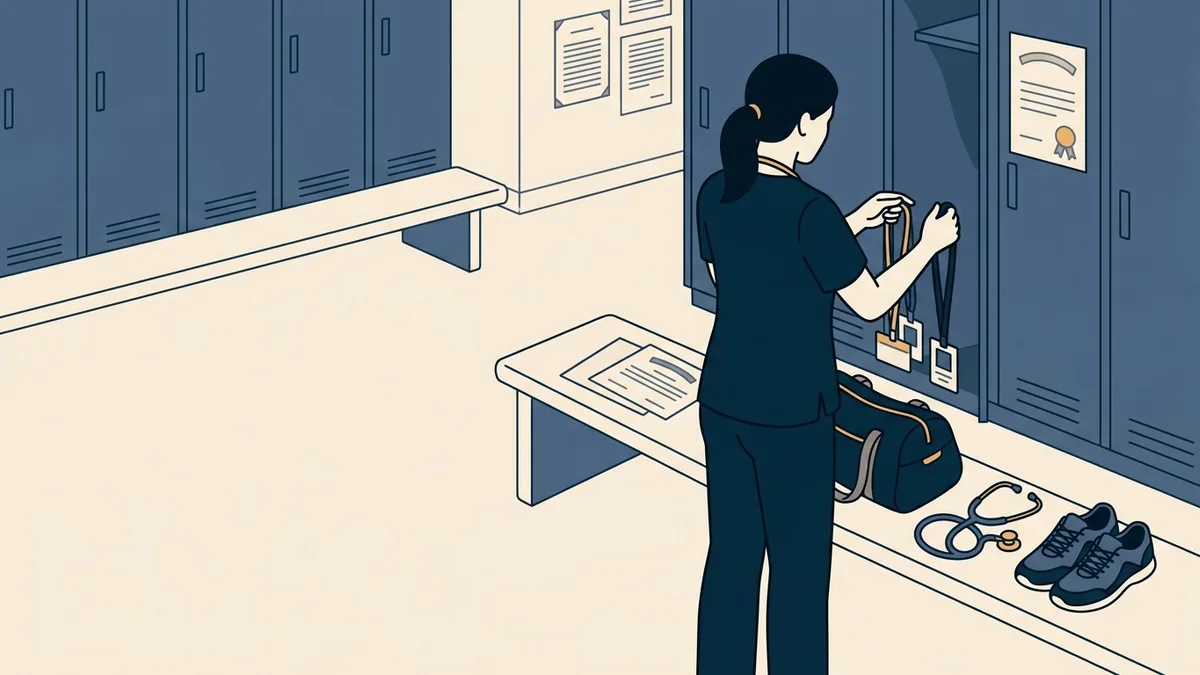A per diem physical therapist sorts several employer badges at a hospital locker room bench.