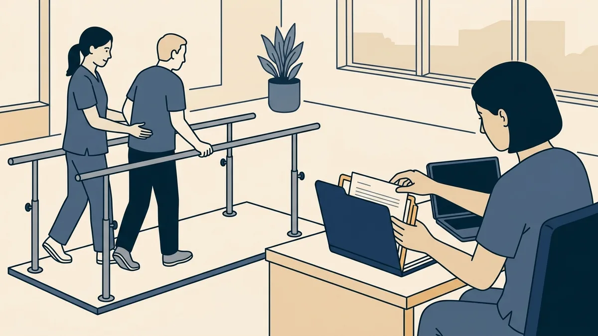 A physical therapist guides a patient between parallel bars while a colleague opens an application folder at a desk.