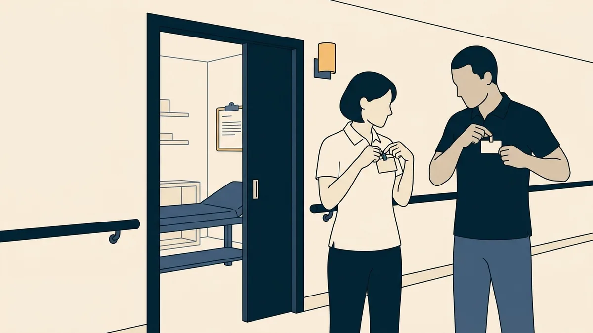 A physical therapist and a physical therapist assistant clip name badges to their shirts in a clinic hallway.