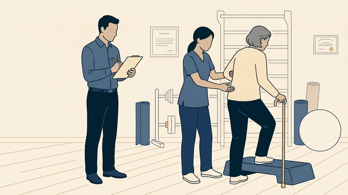 A physical therapist assistant guides a patient through a step-up exercise as a supervising therapist reviews a chart nearby.