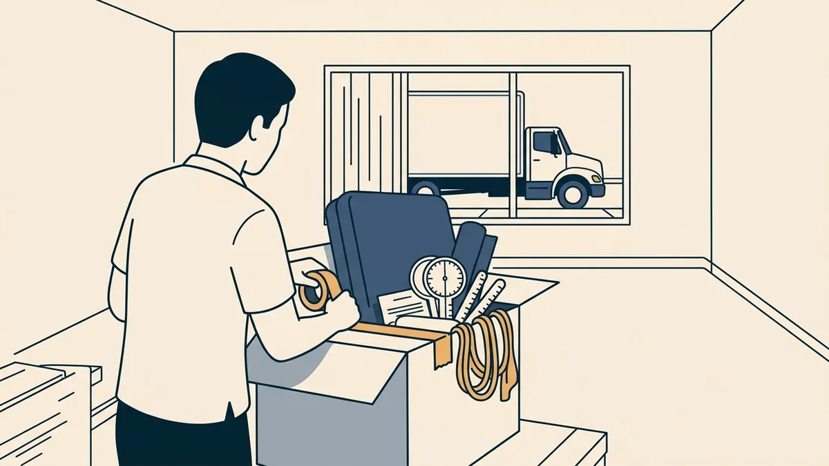 A physical therapist packs therapy equipment into a moving box in an emptied apartment with a moving truck outside.