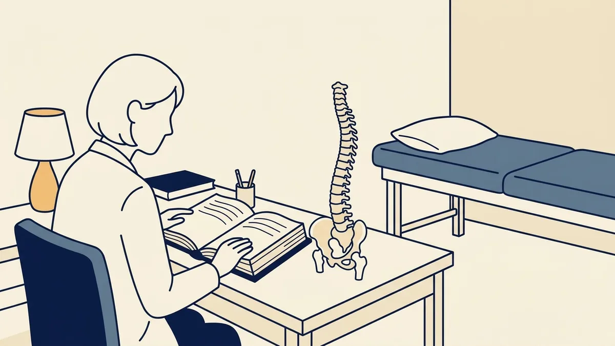 A physical therapist reads a thick law book at a clinic desk beside a spine model.