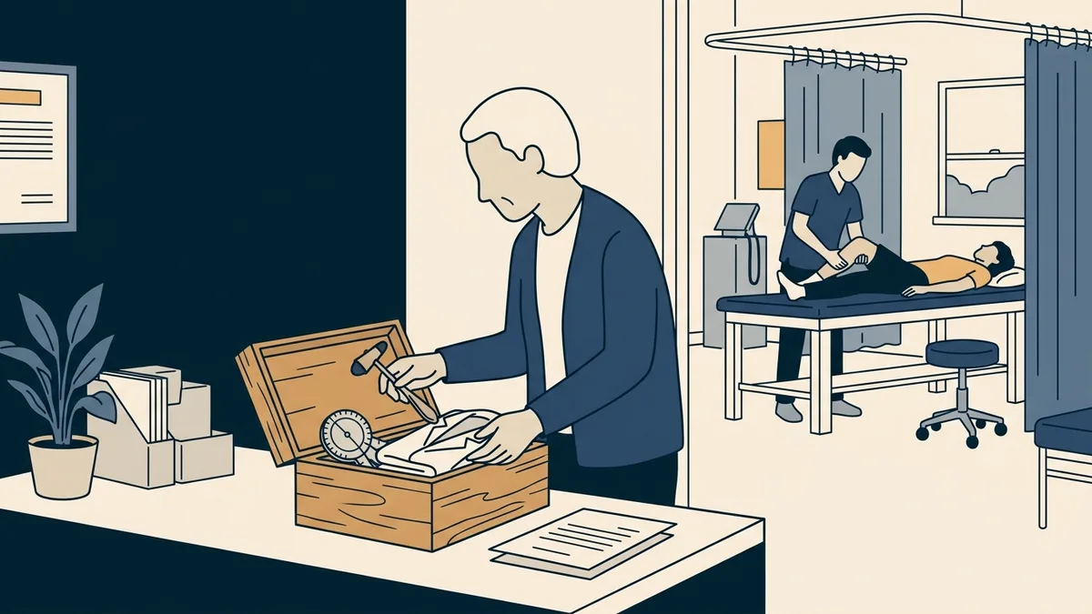 A senior physical therapist packs old clinical tools into a keepsake box as a younger colleague treats a patient behind her.