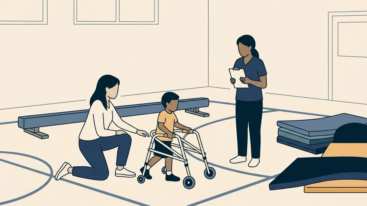 A physical therapist kneels beside a student using a walker in a school gym as a classroom aide watches.