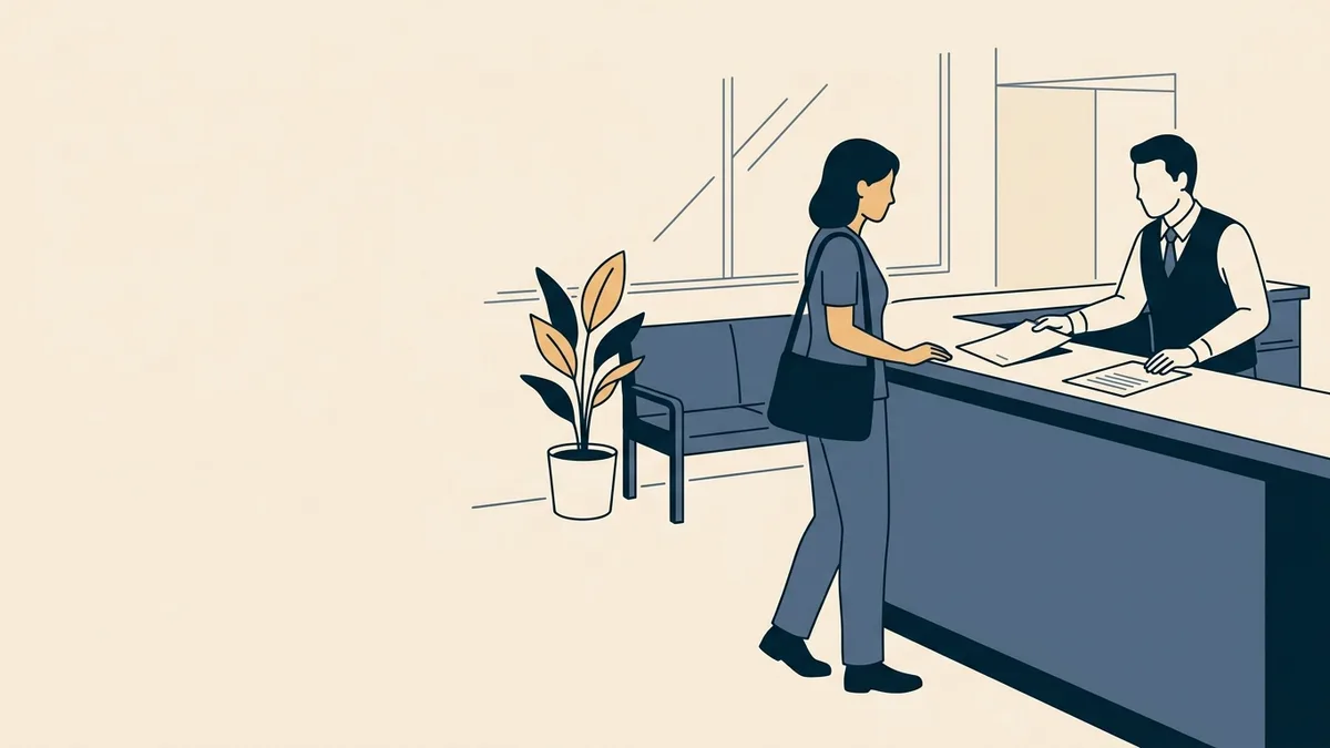 A physical therapist speaks with a clerk at a licensing board service counter as a form is slid across.